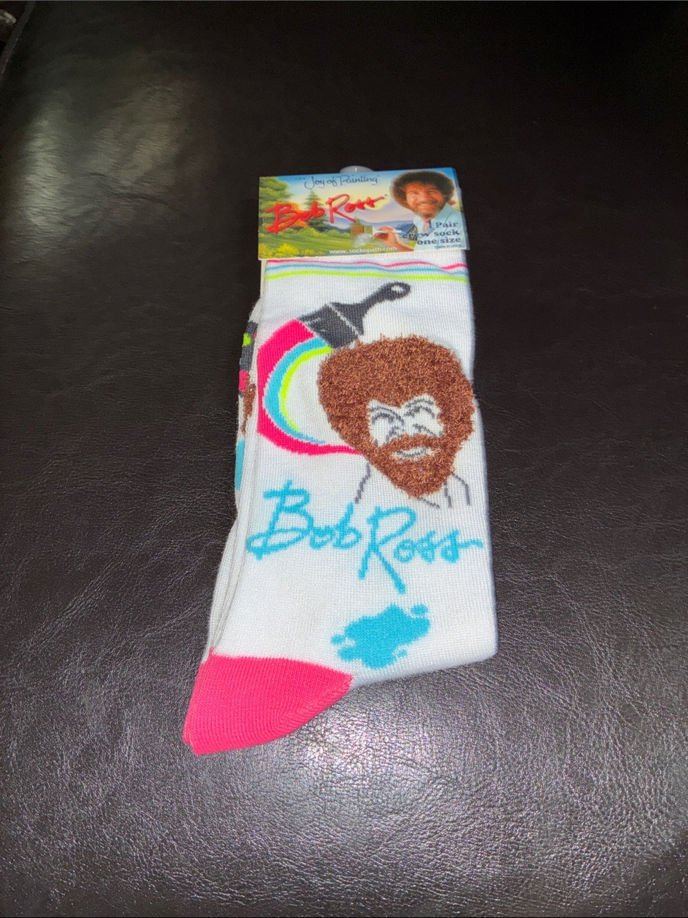Bob Ross White Crew Socks with Colorful Paint Design